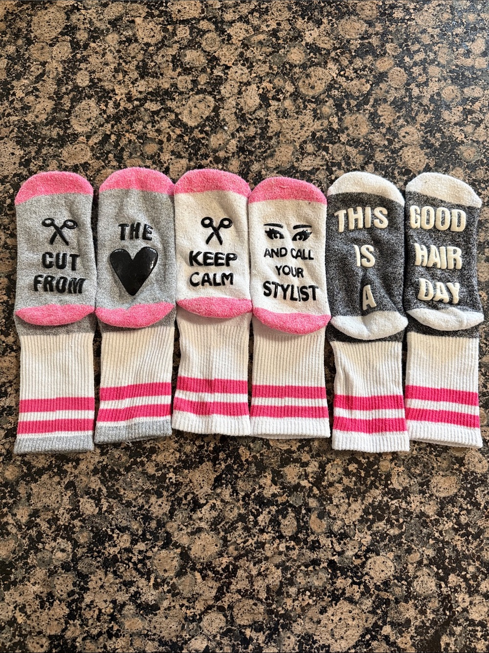 Women’s Crew Socks - Pink & Gray Striped hairstylist Novelty Set